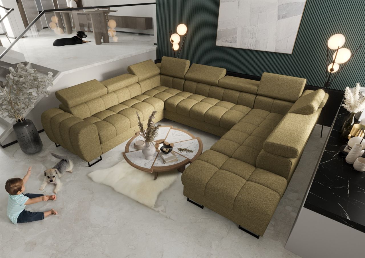 Wohnlandschaft Schlafsofa BASTIEN XL in Stoff Aragon Olivgrün Ottomane Rechts