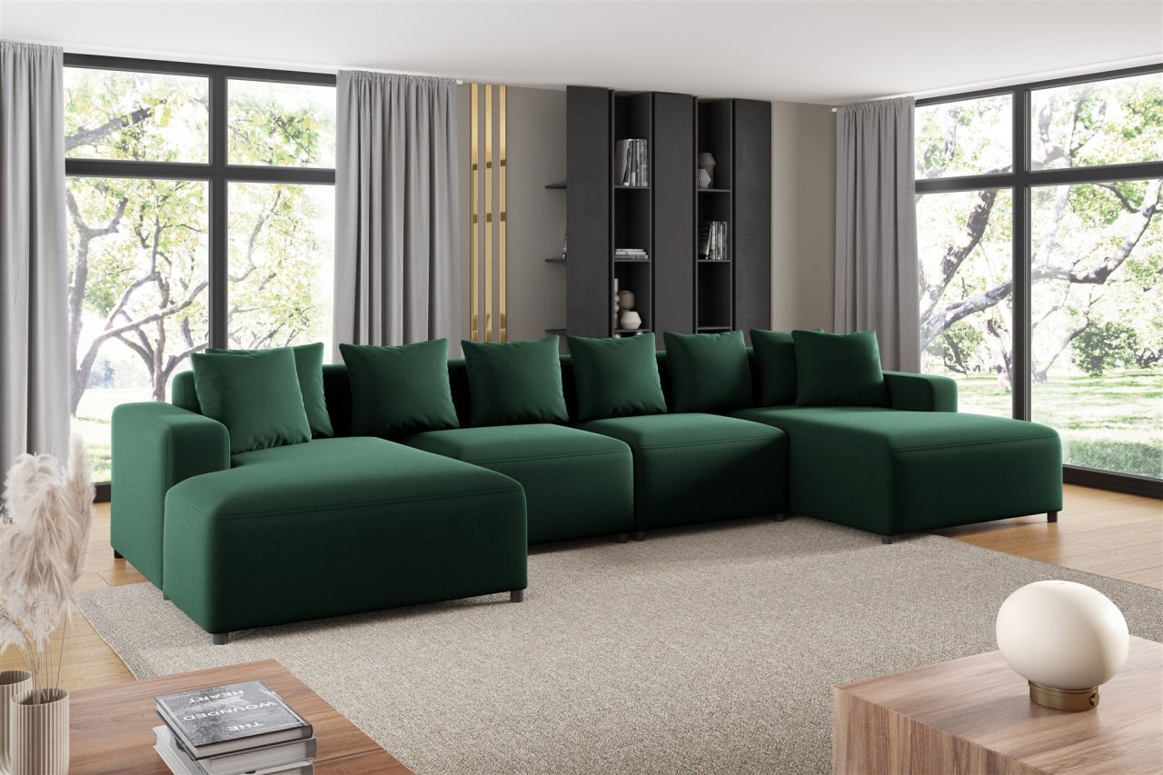 Wohnlandschaft Sofa U-Form Designersofa MEGAN in Stoff Salvador Dunkelgrün