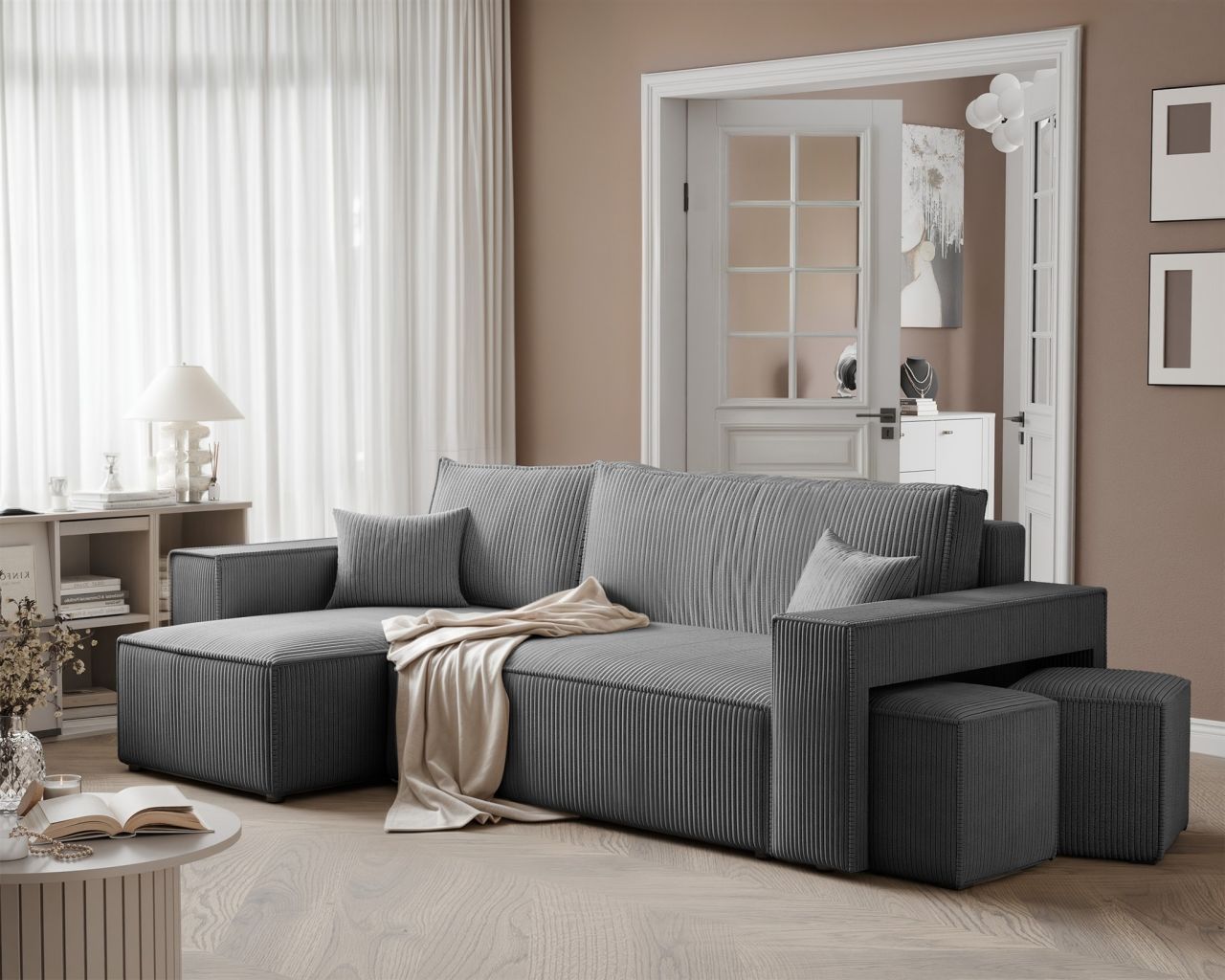 Ecksofa Schlafsofa Sofa ADARA inkl. Hocker Stoff Poso Grau Ottomane Links