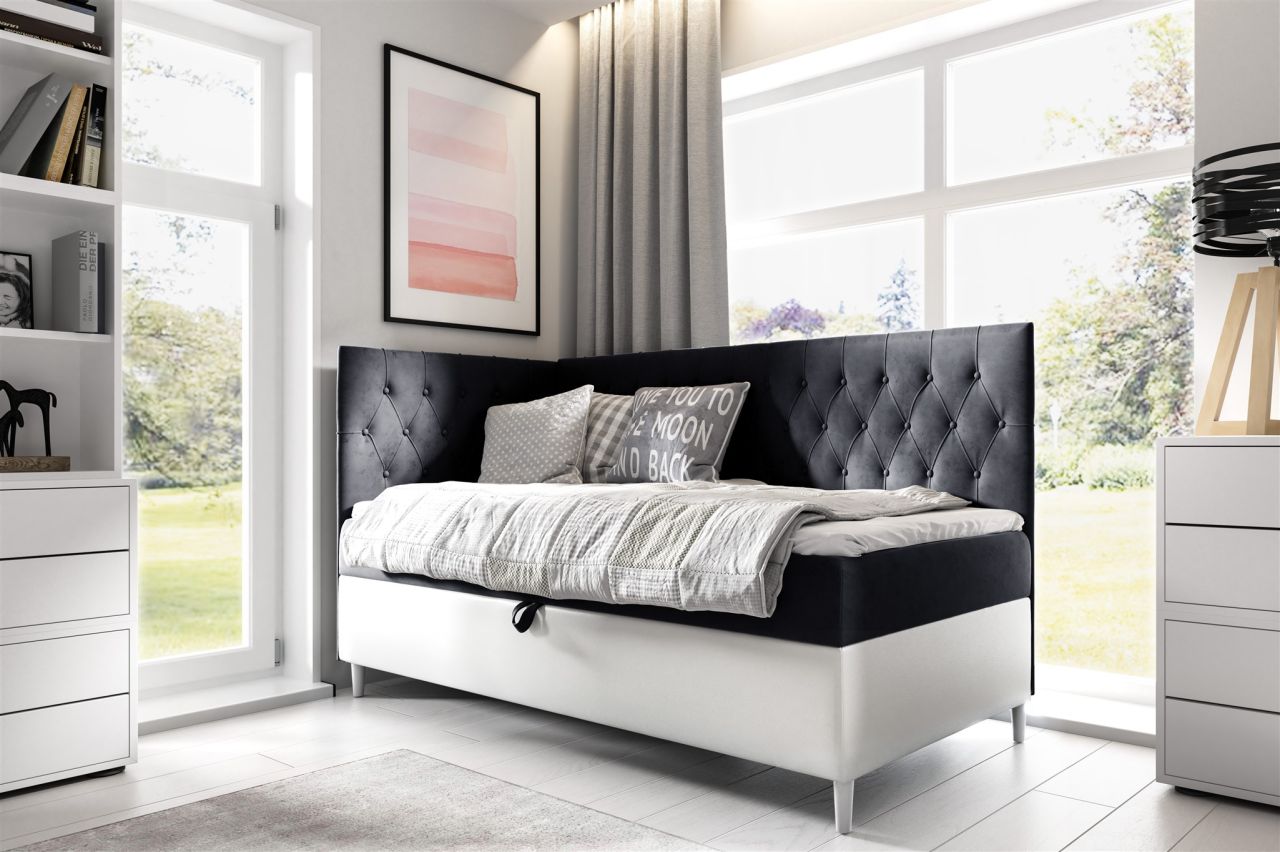 Boxspringbett Gästebett Kinderbett FINJA Nr.3 90x200cm Weiss-Schwarz Seite Links