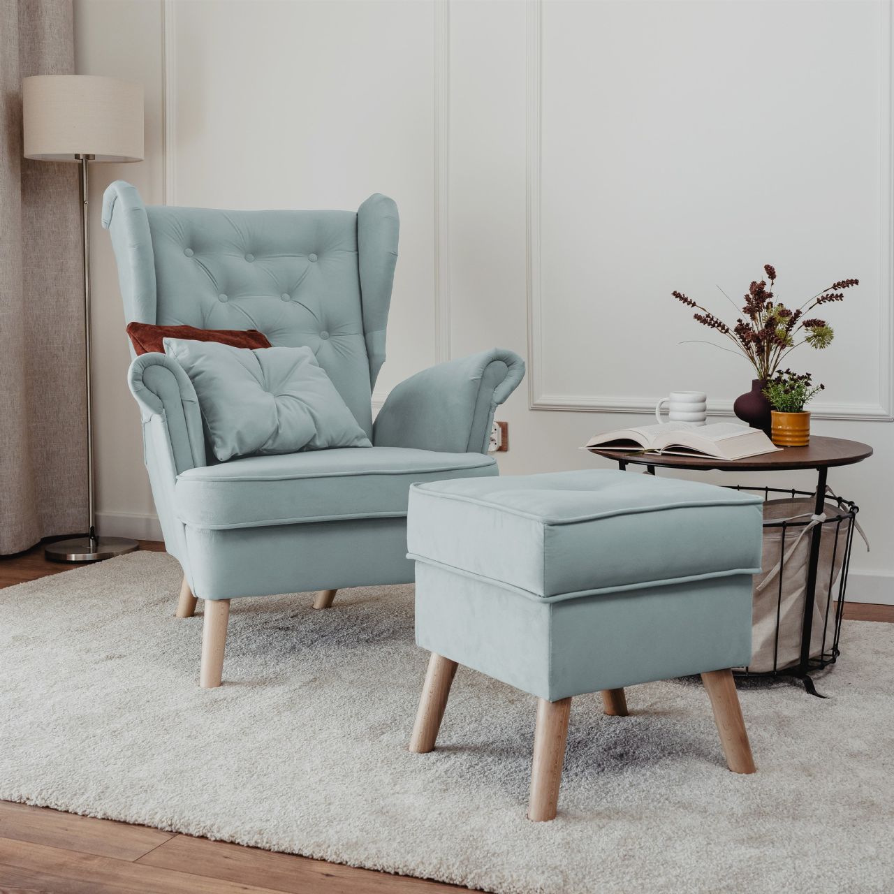 Sessel Ohrensessel ALISON inkl. Hocker in Stoff Trinity Hellblau