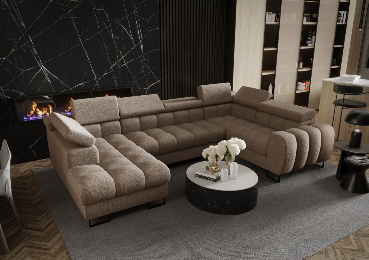 Wohnlandschaft Schlafsofa BASTIEN in Stoff Aragon Beige Ottomane Links