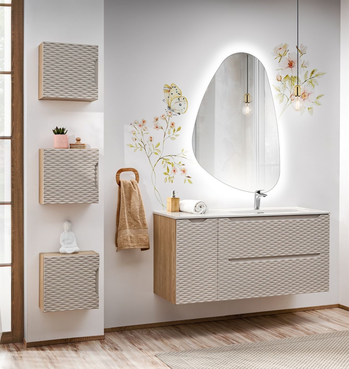 Badmöbel Set 6-tlg Badezimmerset LAXY Eiche Beige Regal links inkl. Waschtisch