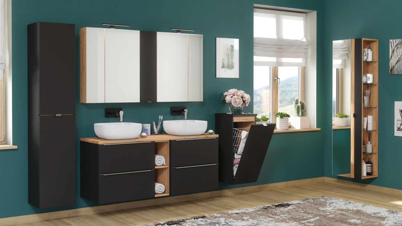 Badmöbel Set 12-tlg Badezimmerset PERUGIA Schwarz Inkl. Waschbecken