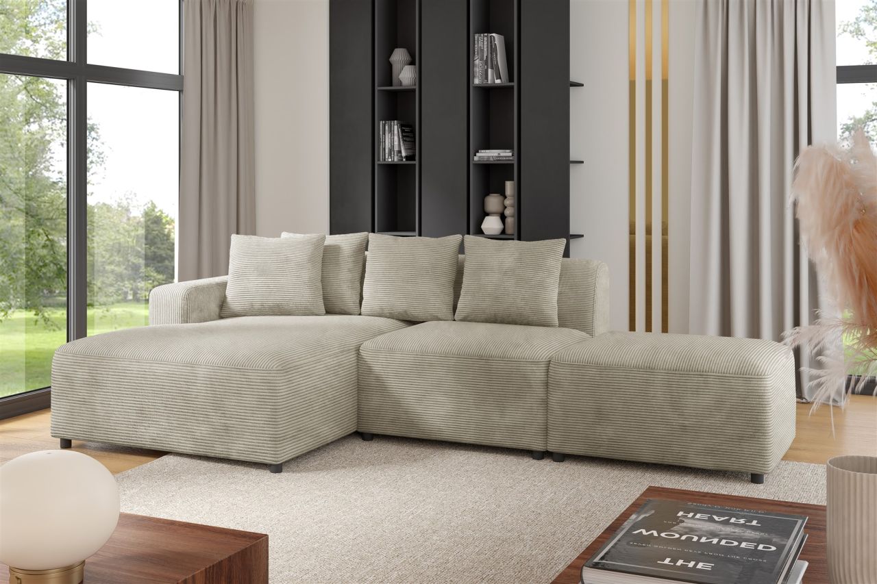 Ecksofa Designersofa MEGAN XS inkl. Hocker Stoff Poso Beige Ottomane Links