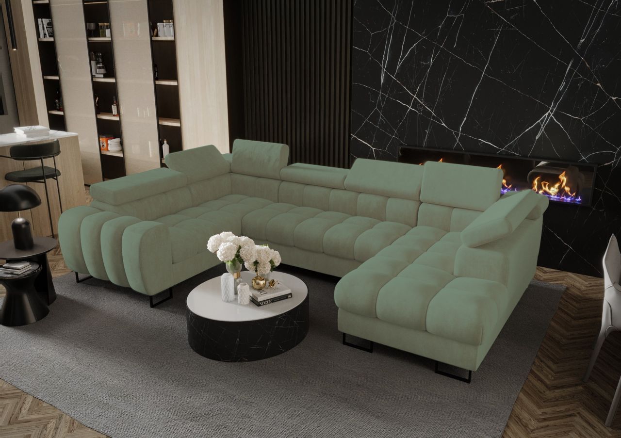 Wohnlandschaft Schlafsofa BASTIEN in Stoff Terra Mintgrün Ottomane Rechts