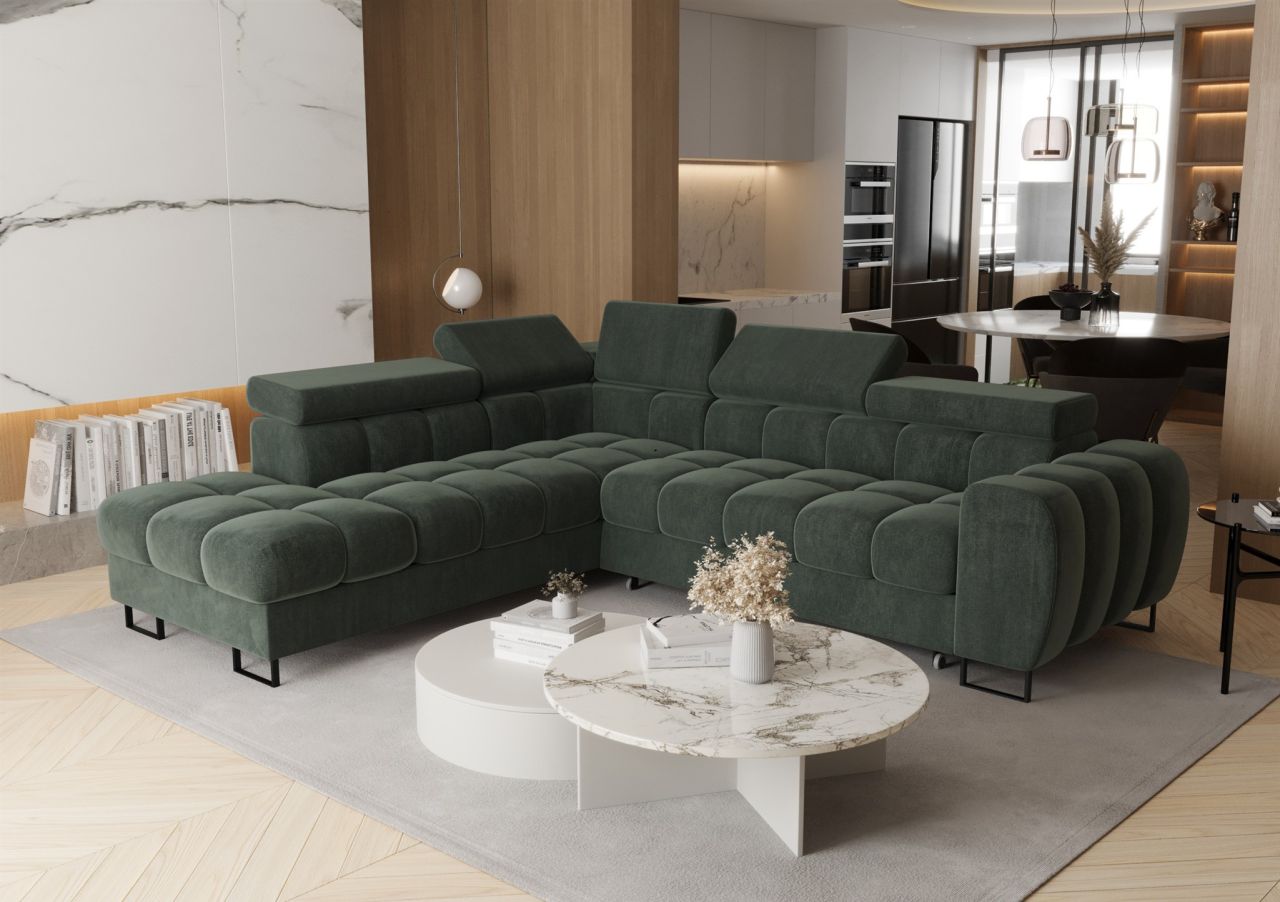 Ecksofa Schlafsofa BASTIEN MAX in Stoff Terra Grün Ottomane Links