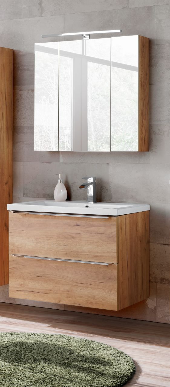 Badmöbel Set 3-tlg Badezimmerset PERUGIA Eiche inkl. Waschbecken 60cm