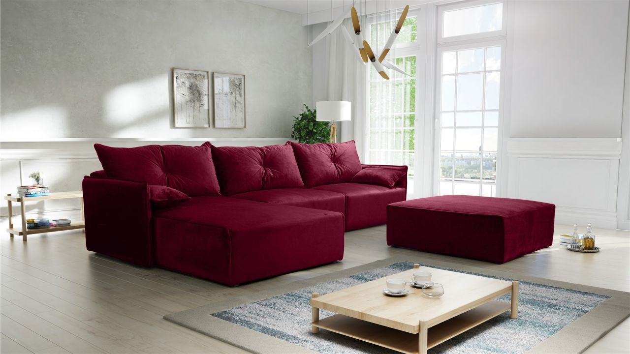 Ecksofa mit Schlaffunktion HUNTER in Royal Bordeauxrot Ottomane Links inkl. H...