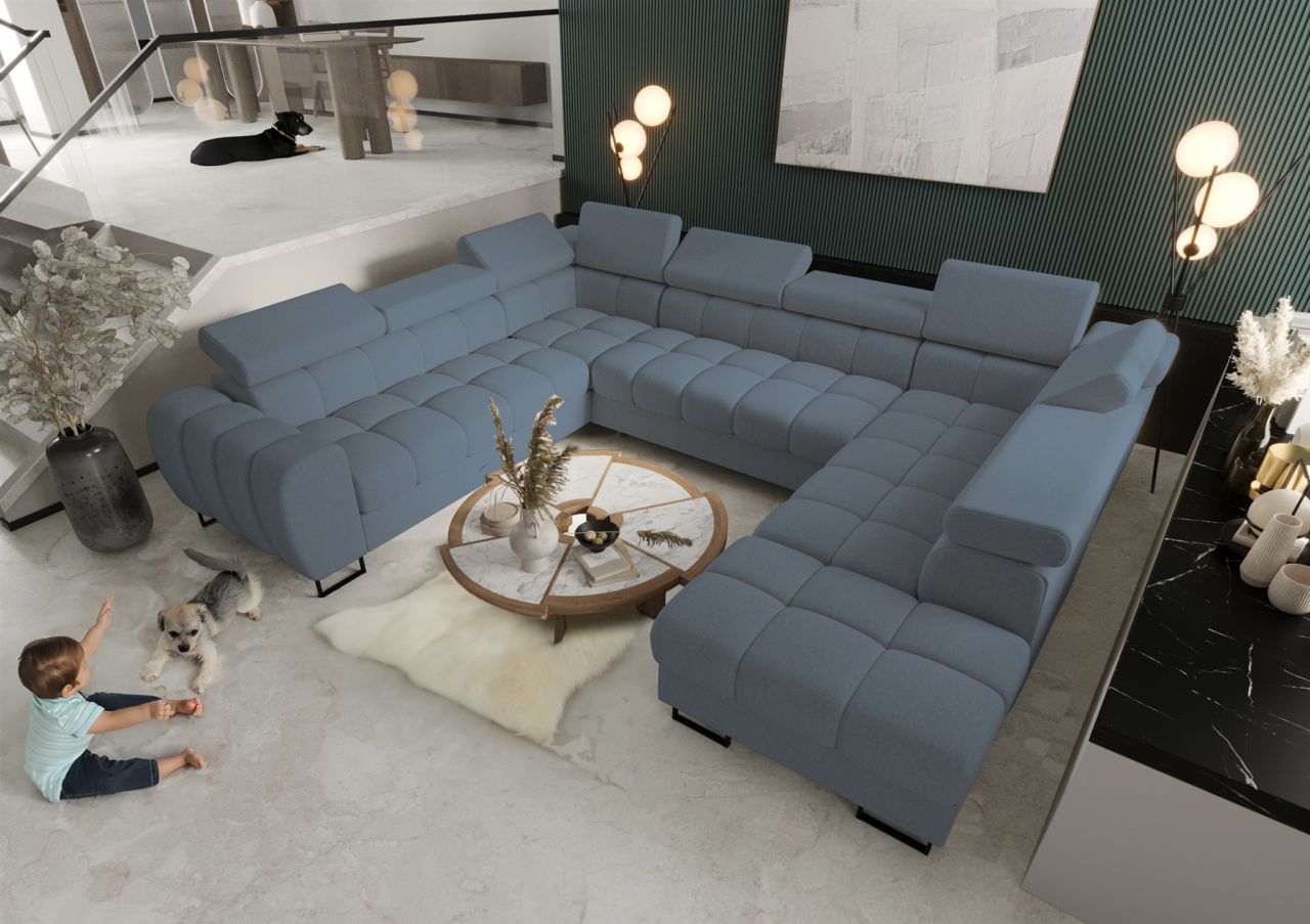 Wohnlandschaft Schlafsofa BASTIEN XL in Stoff Gemma Blau Ottomane Rechts