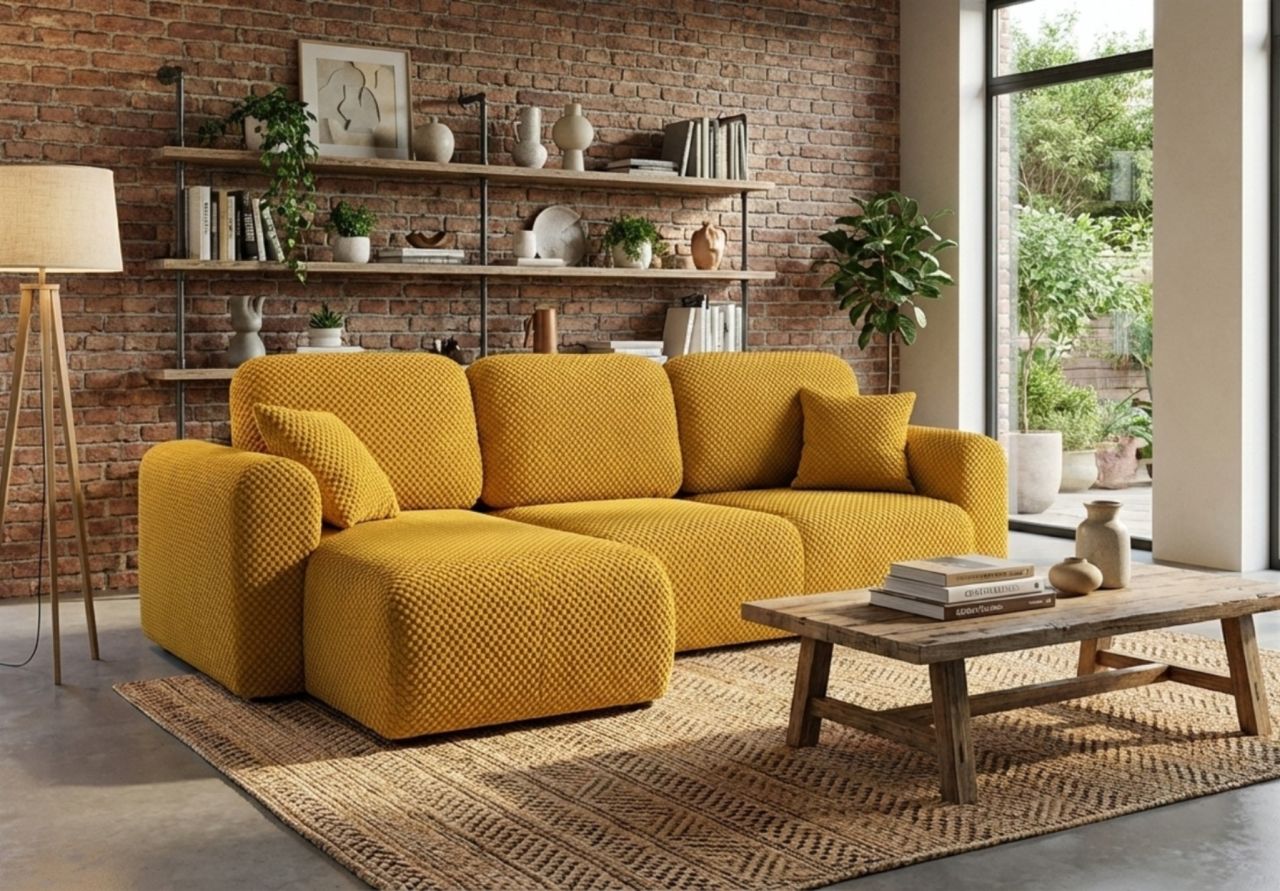 Ecksofa mit Schlaffunktion BRUSK Sofa in Stoff Pop Honiggelb Ottomane Links