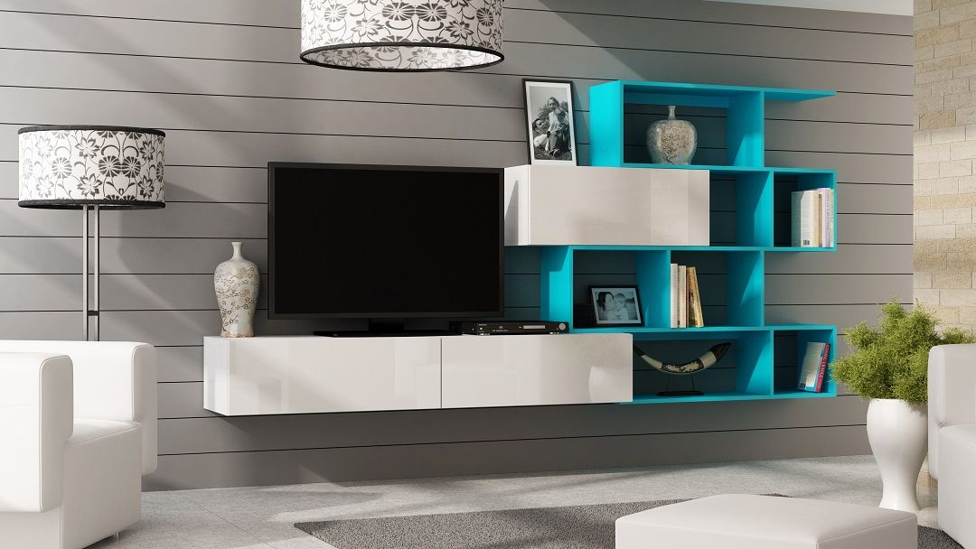 Mediawand Wohnwand 3 tlg - SKY - Weiss HGL / Petrol