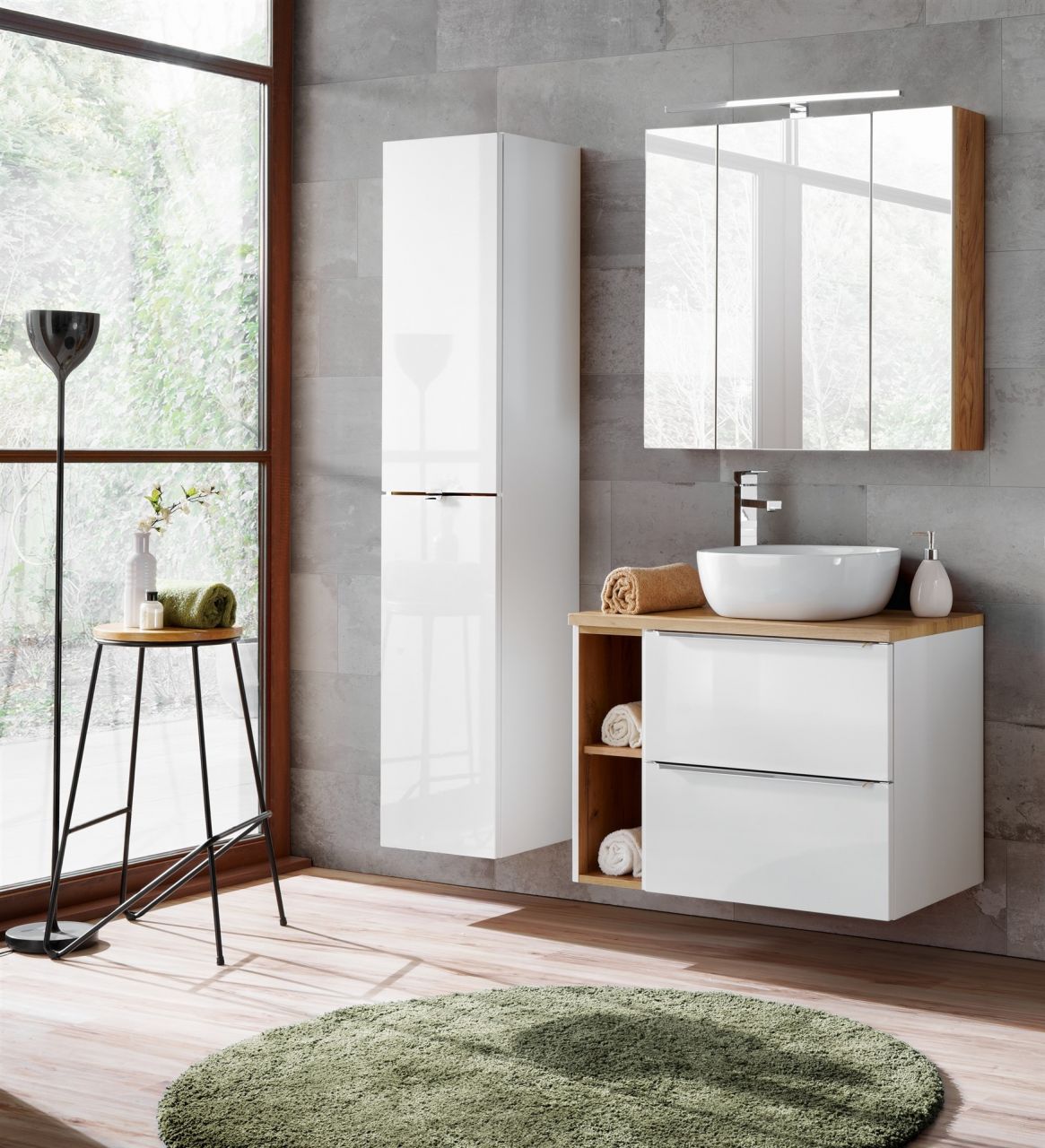 Badmöbel Set 6-tlg Badezimmerset PERUGIA Weiss HGL inkl.Waschbecken