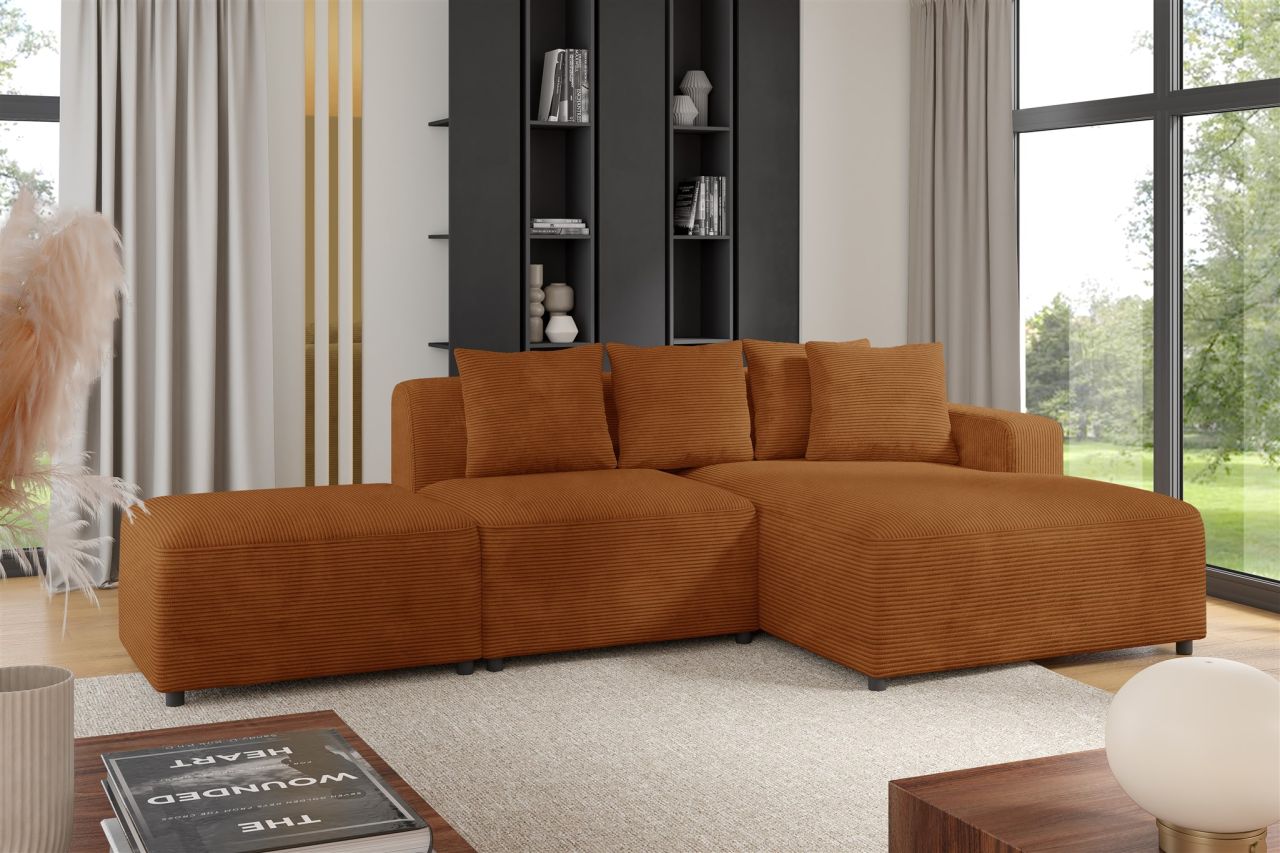 Ecksofa Designersofa MEGAN XS inkl. Hocker Stoff Poso Rostbraun Ottomane Rechts