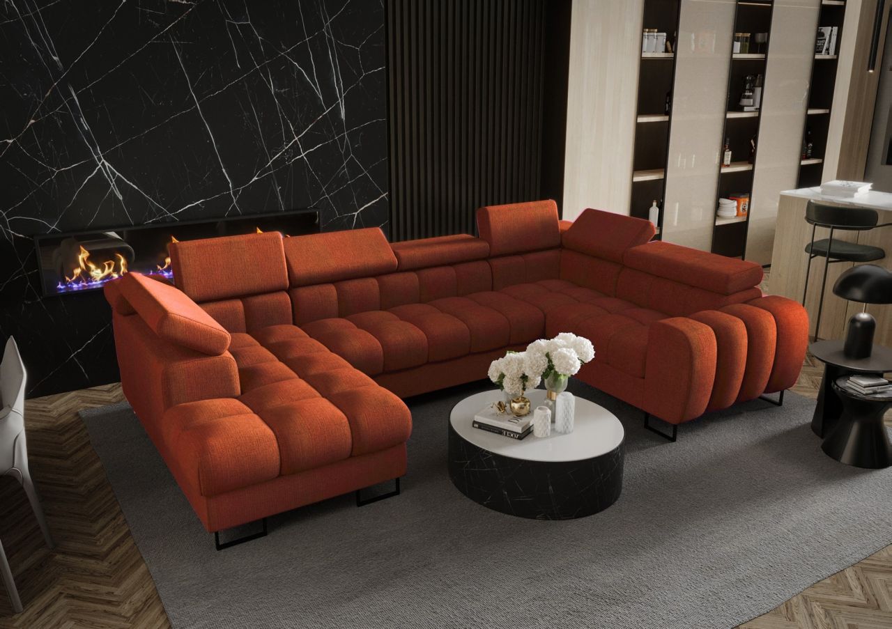 Wohnlandschaft Schlafsofa BASTIEN in Stoff Moly Ziegelrot Ottomane Links