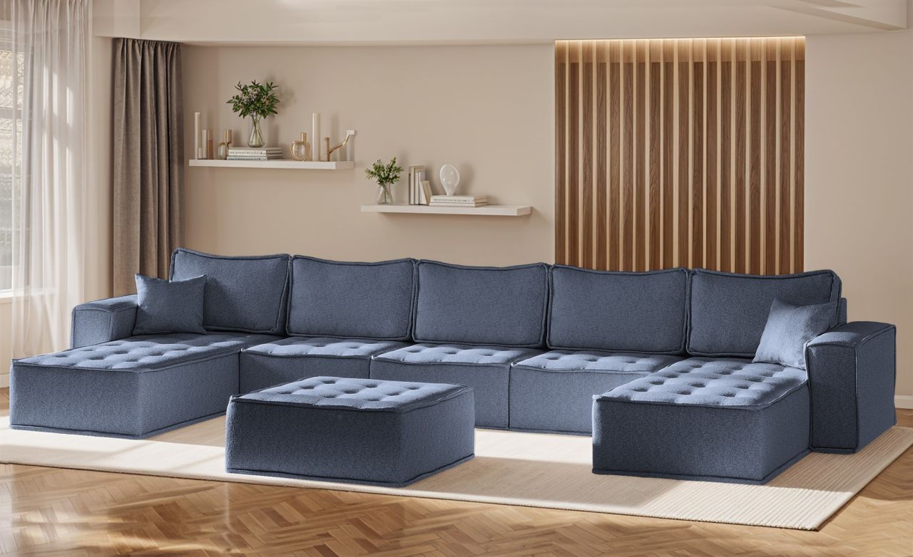 Wohnlandschaft Sofa U-Form Modulsofa-Set 6-teilig SANDE Stoff Raven Blau