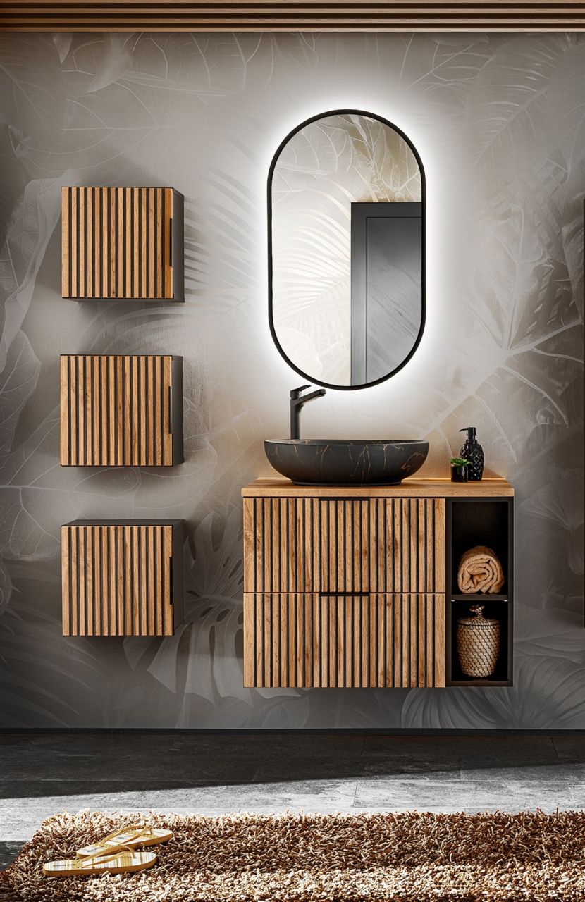 Badmöbel Set 7-tlg Badezimmerset ARMON Wotan Eiche Schrank 80cm inkl. Waschtisch