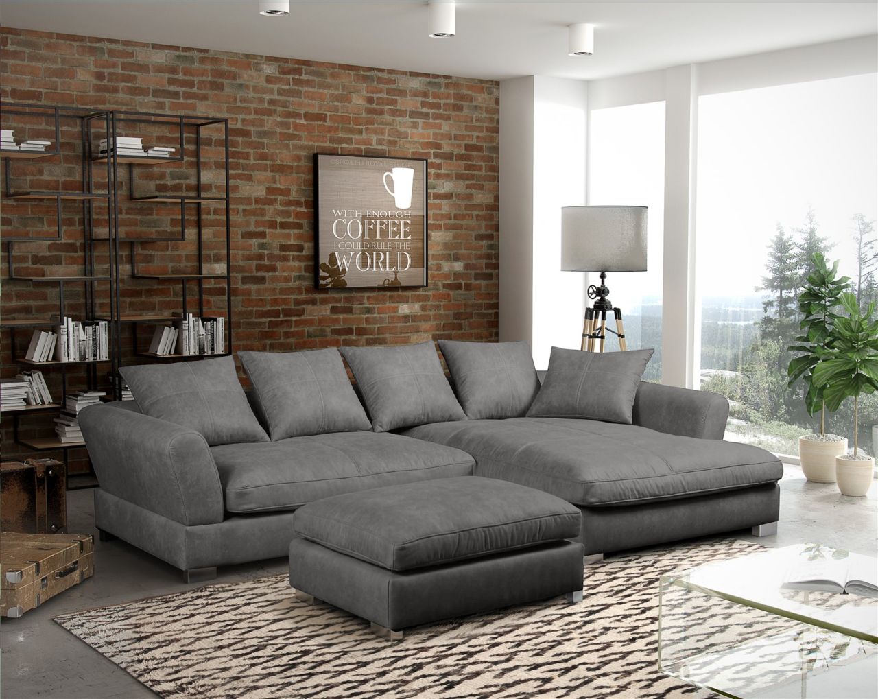 Ecksofa TIZIAN inkl. Polsterhocker in Stoff Salvador Silbergrau Ottomane Rechts