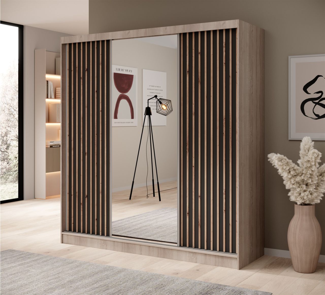 Schiebetürenschrank Schrank BRITE in Sonoma Eiche- Schwarz 200x215x61 cm