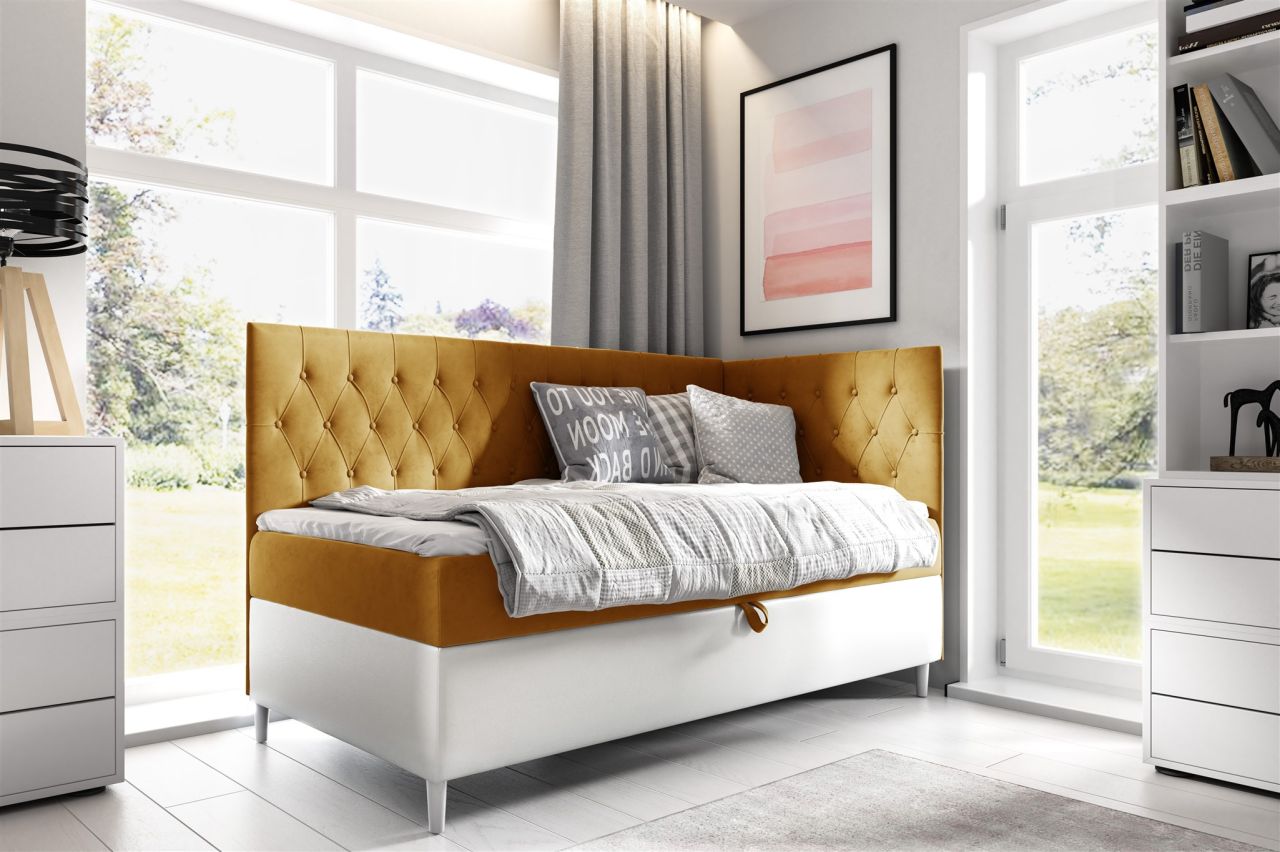 Boxspringbett Gästebett Kinderbett FINJA Nr.3 90x200cm Weiss-Gelb Seite Rechts
