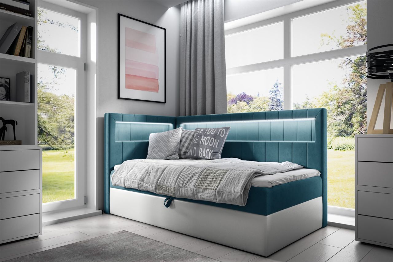 Boxspringbett Gästebett Kinderbett FABIAN Nr.3 90x200cm Weiss-Türkis Seite Links