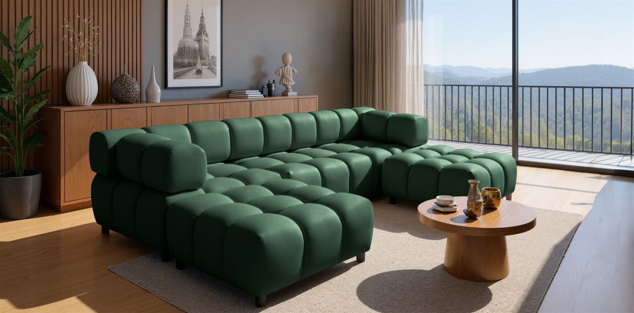 Sofa Designersofa FLOW 3-Sitzer inkl. 2 x Polsterhocker Stoff Bluvel Flaschen...