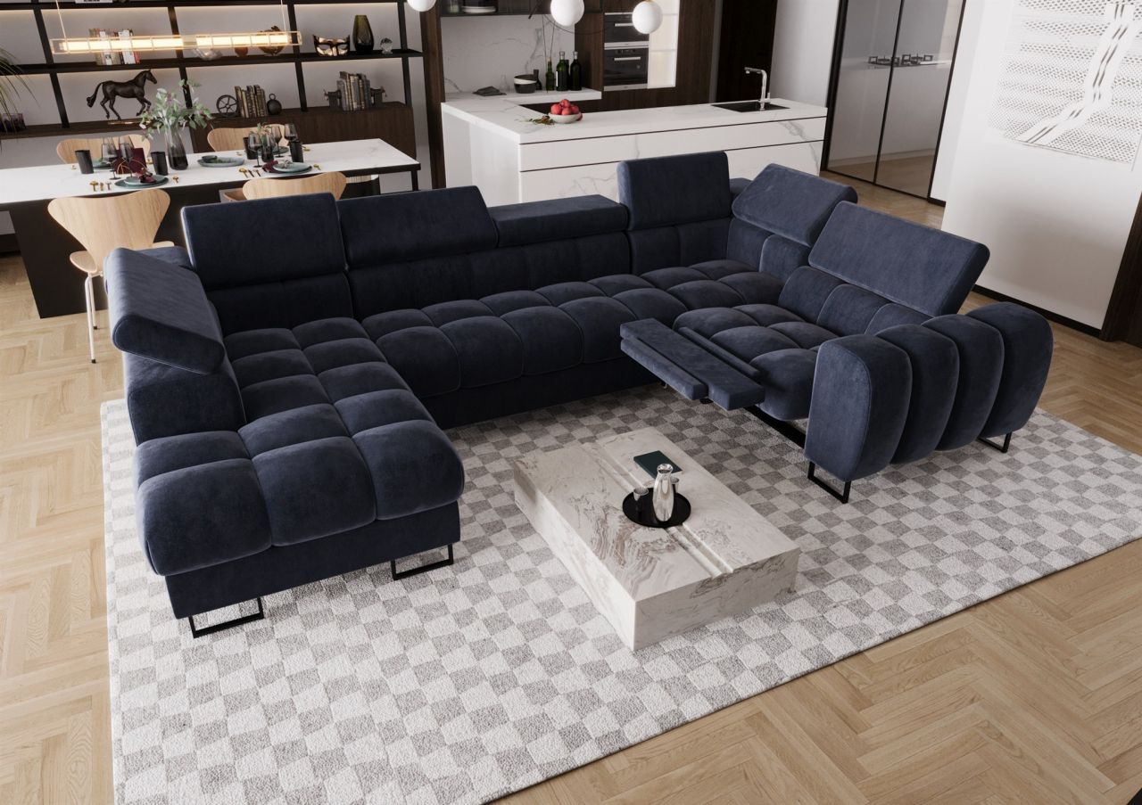 Wohnlandschaft Schlafsofa BASTIEN RELAX in Stoff Terra Blau Ottomane Links
