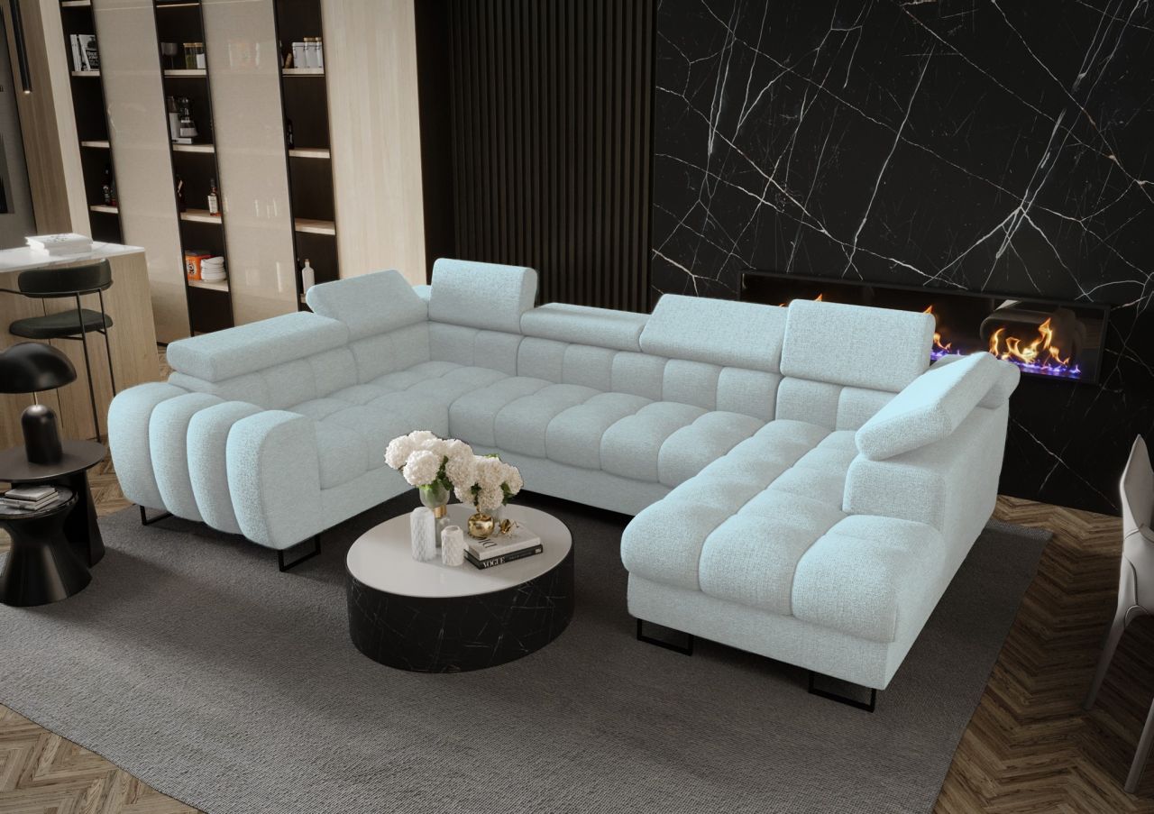 Wohnlandschaft Schlafsofa BASTIEN in Stoff Aragon Sky Ottomane Rechts