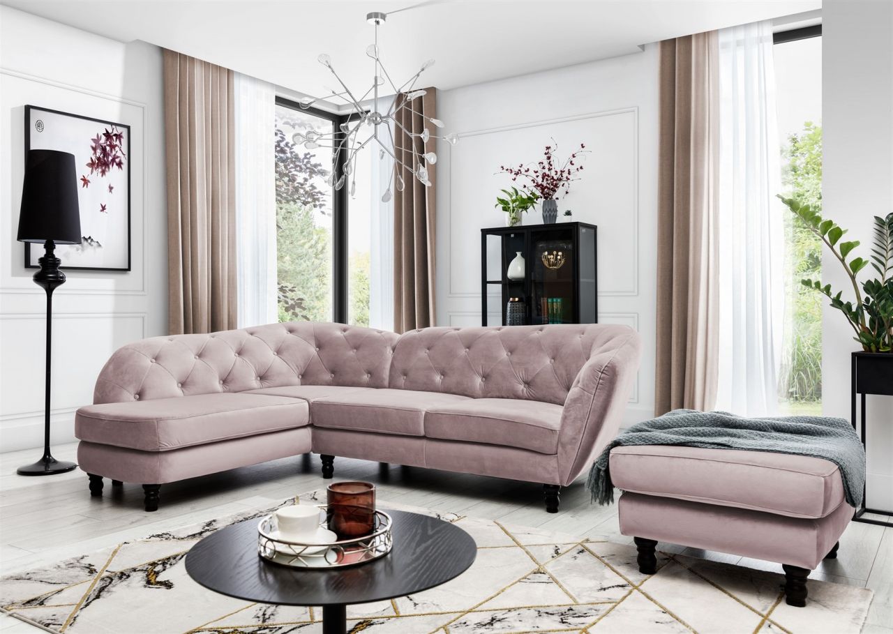 Ecksofa inkl.Hocker CHARLOTTE in Stoff Matt Velvet Altrosa Ottomane Links