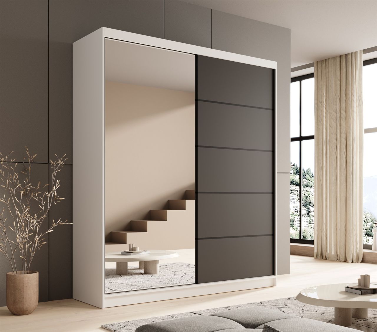 Schiebetürenschrank Schrank BONNY in Weiss- Schwarz matt 180x215x58 cm