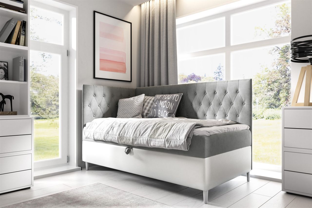 Boxspringbett Gästebett Kinderbett FINJA Nr.3 90x200cm Weiss-Grau Seite Links