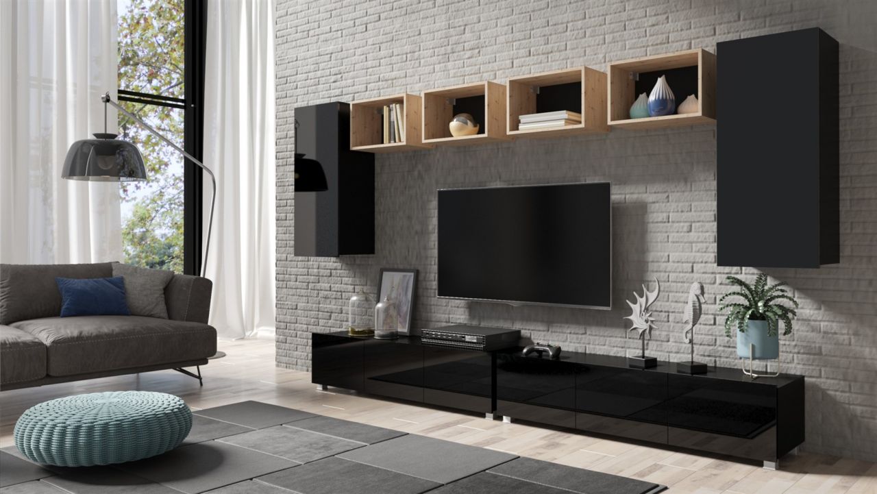 Mediawand Wohnwand 8 tlg - KAVOS 26 - Schwarz Hochglanz