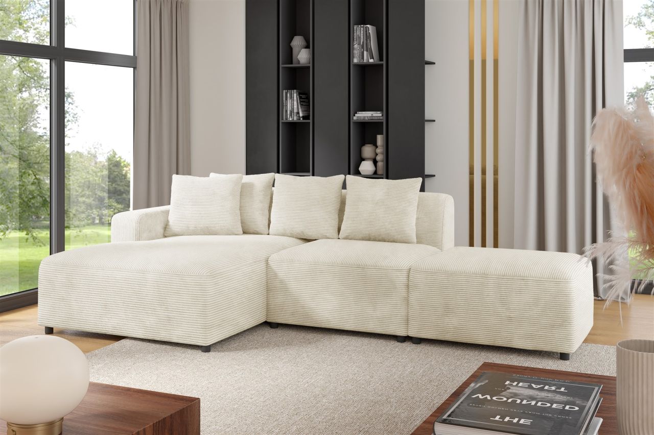 Ecksofa Designersofa MEGAN XS inkl. Hocker Stoff Poso Creme Ottomane Links