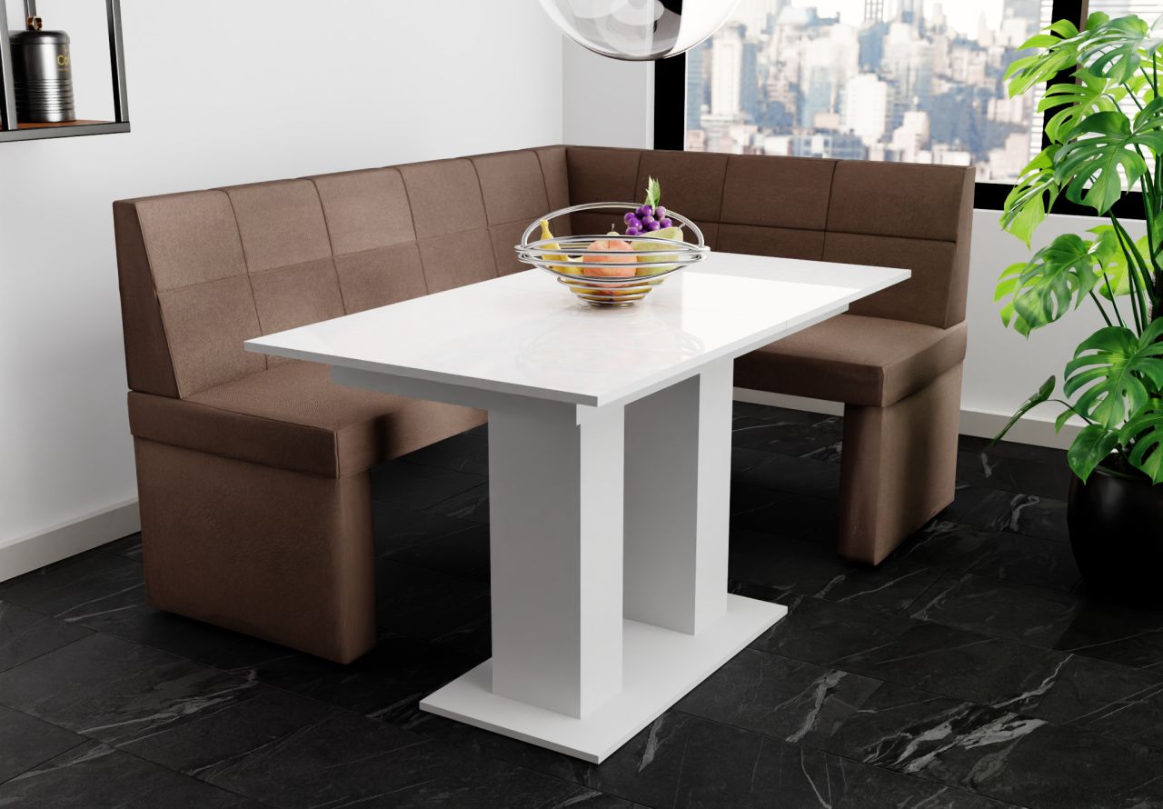 Eckbankgruppe 168x128 cm BLAKE L Stoff Soro Braun / Esstisch DANTE Weiß HGL