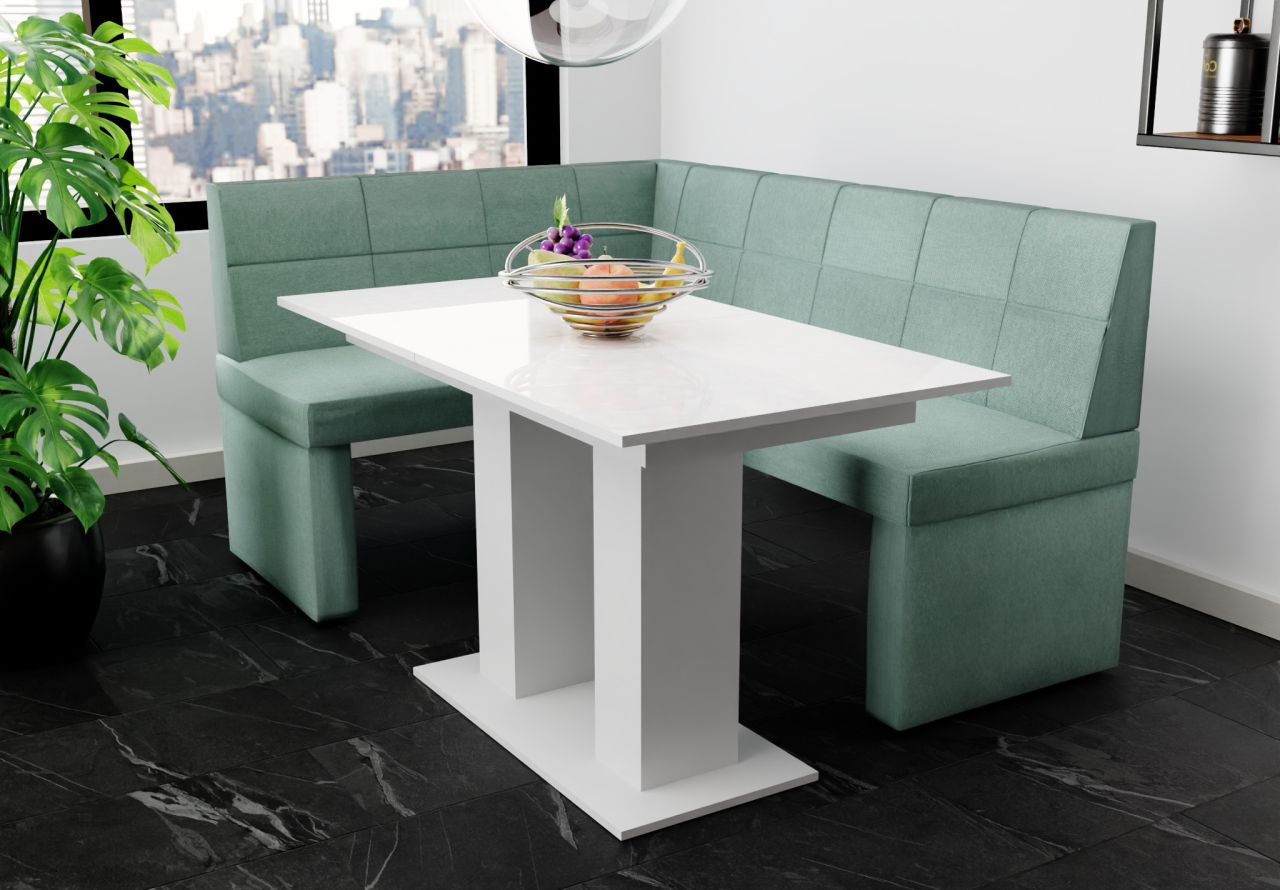 Eckbankgruppe 196x142 cm BLAKE XL R Stoff Soro Türkis / Esstisch DANTE Weiß HGL