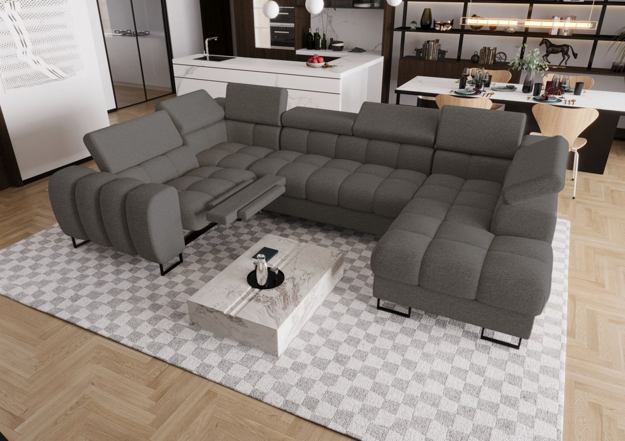 Wohnlandschaft Schlafsofa BASTIEN RELAX in Stoff Aragon Dunkelgrau Ottomane R...