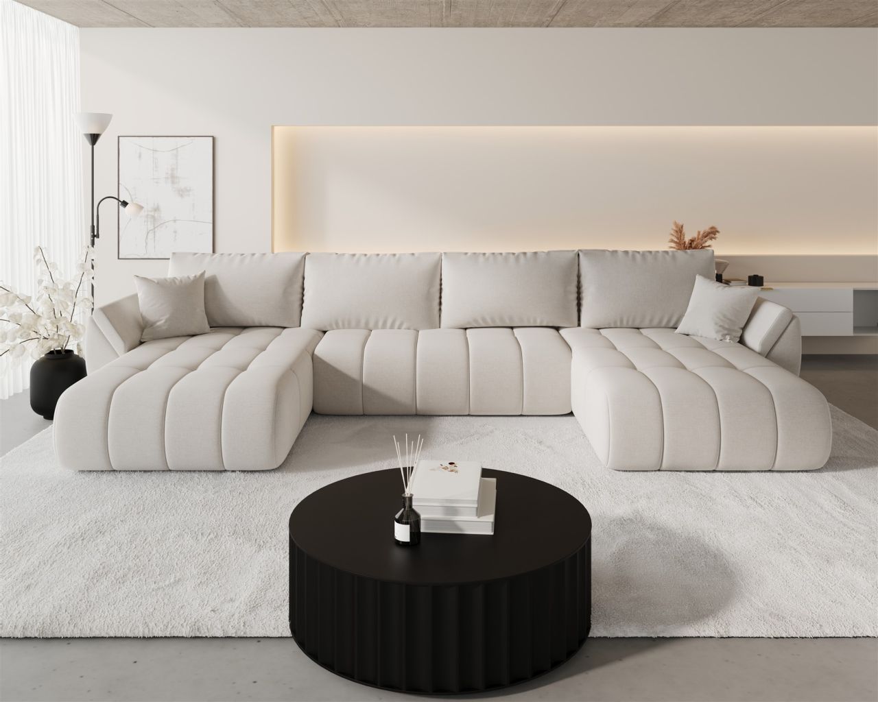 Wohnlandschaft Sofa mit Schlaffunktion MISATO Stoff Wind Beige