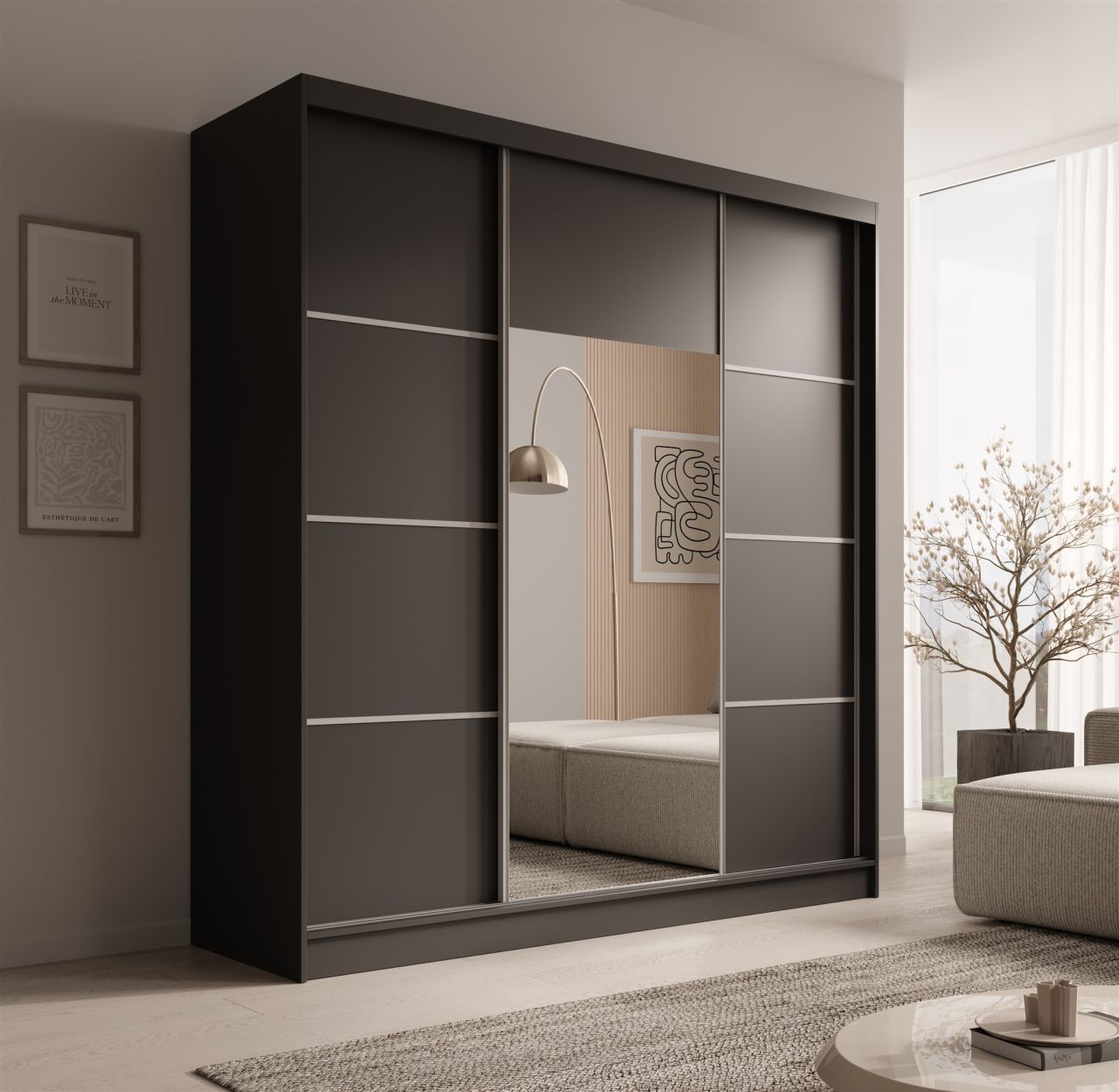 Schiebetürenschrank Schrank ALFA in Schwarz- Tür Applikation Silber 200x215x6...