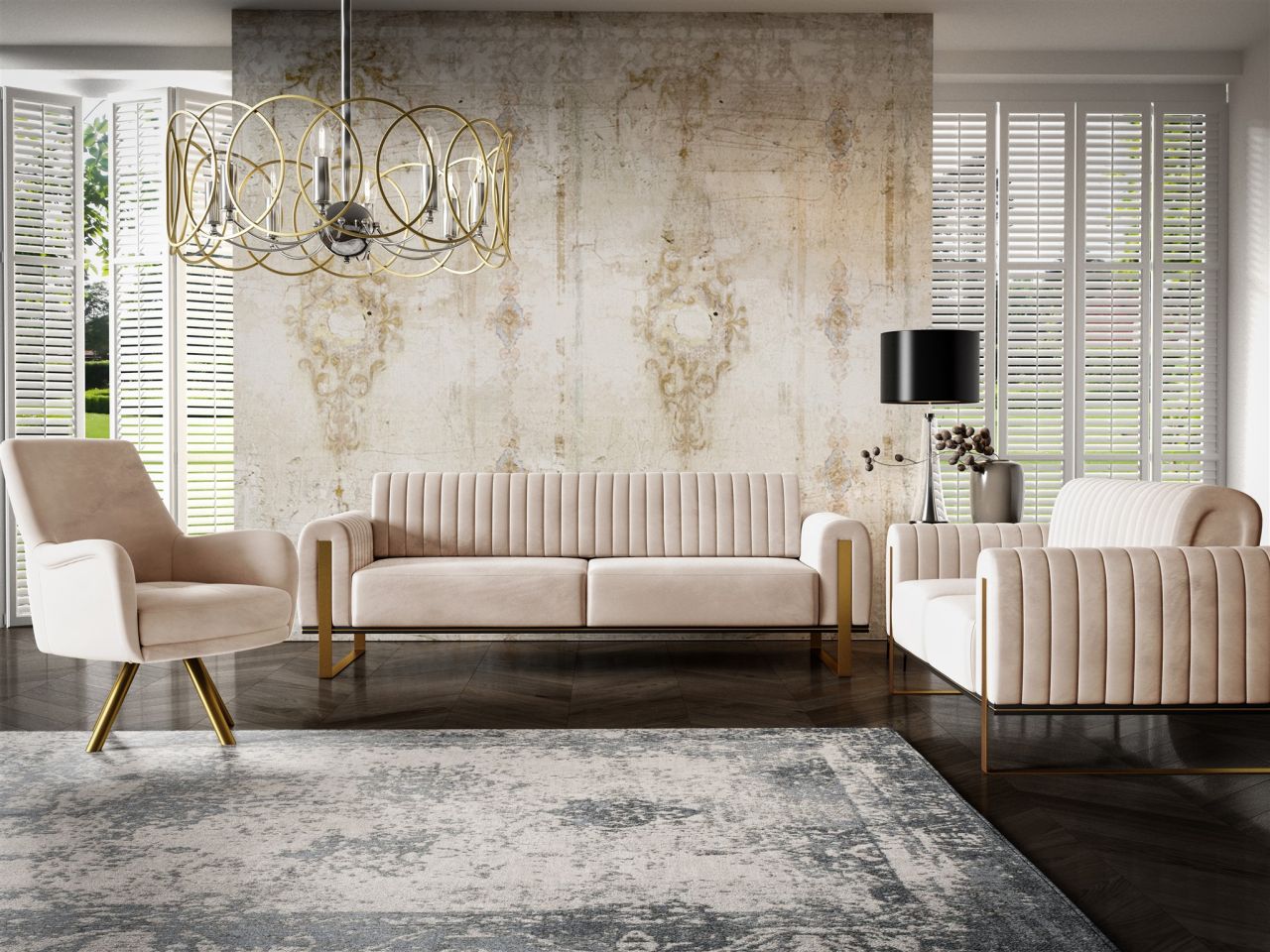 Sofaset Designersofas VALERIE 3-2-1 in Stoff Stoff Elisa Velvet Beige