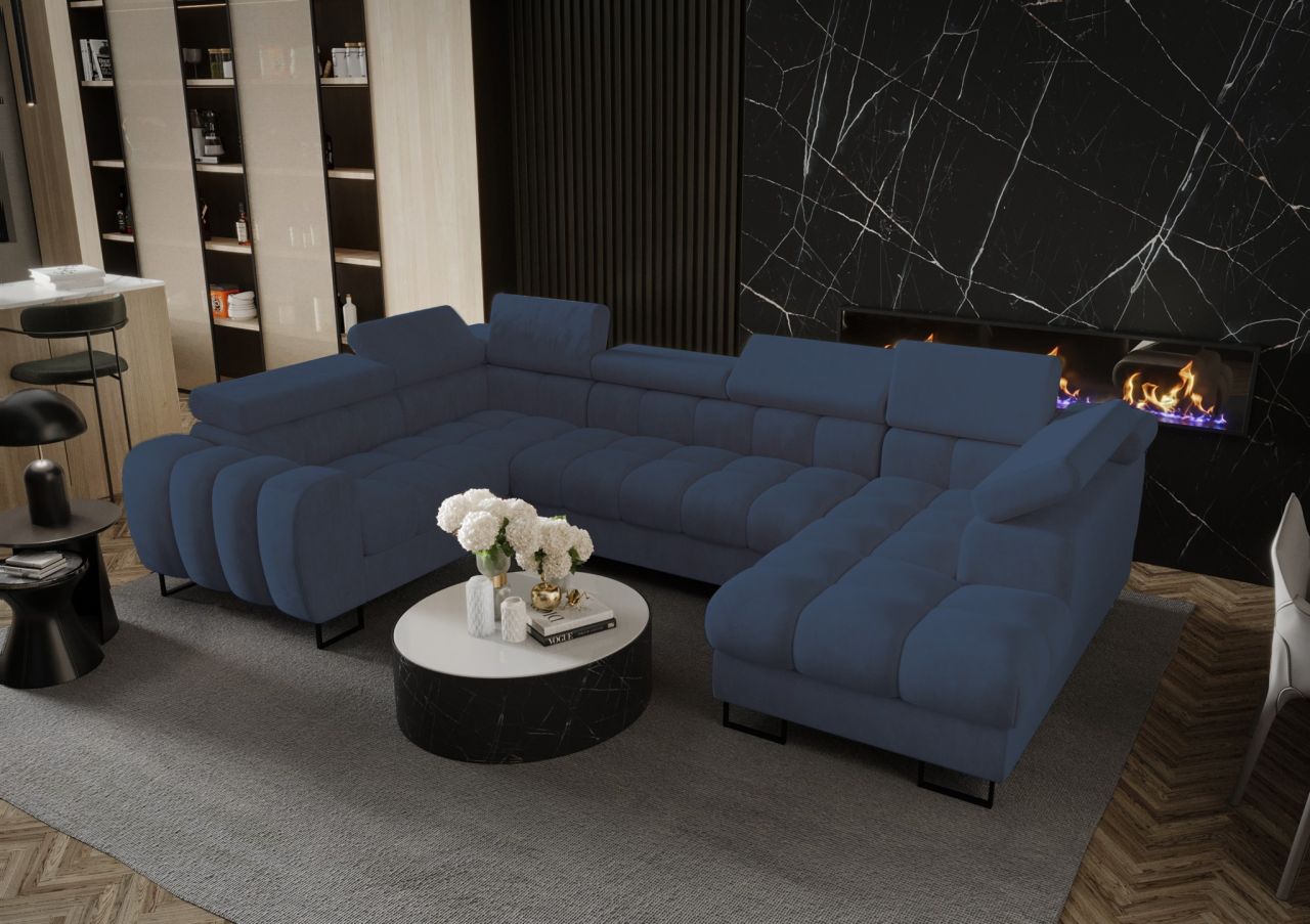 Wohnlandschaft Schlafsofa BASTIEN in Stoff Terra Blau Ottomane Rechts