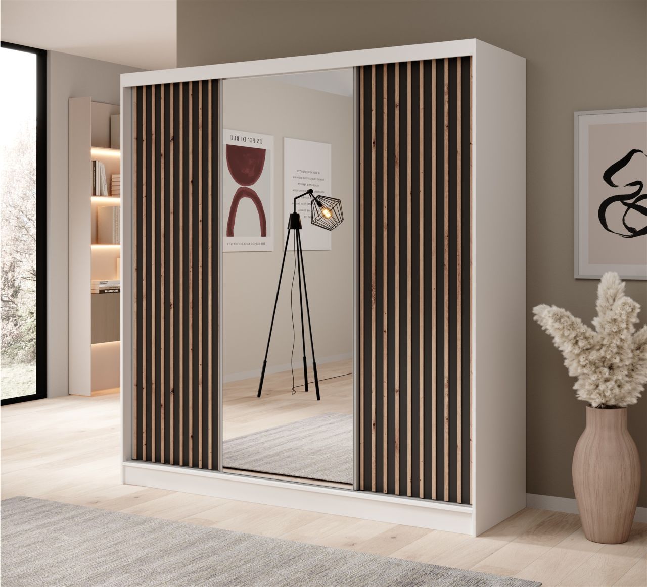 Schiebetürenschrank Schrank BRITE in Weiß- Schwarz 200x215x61 cm