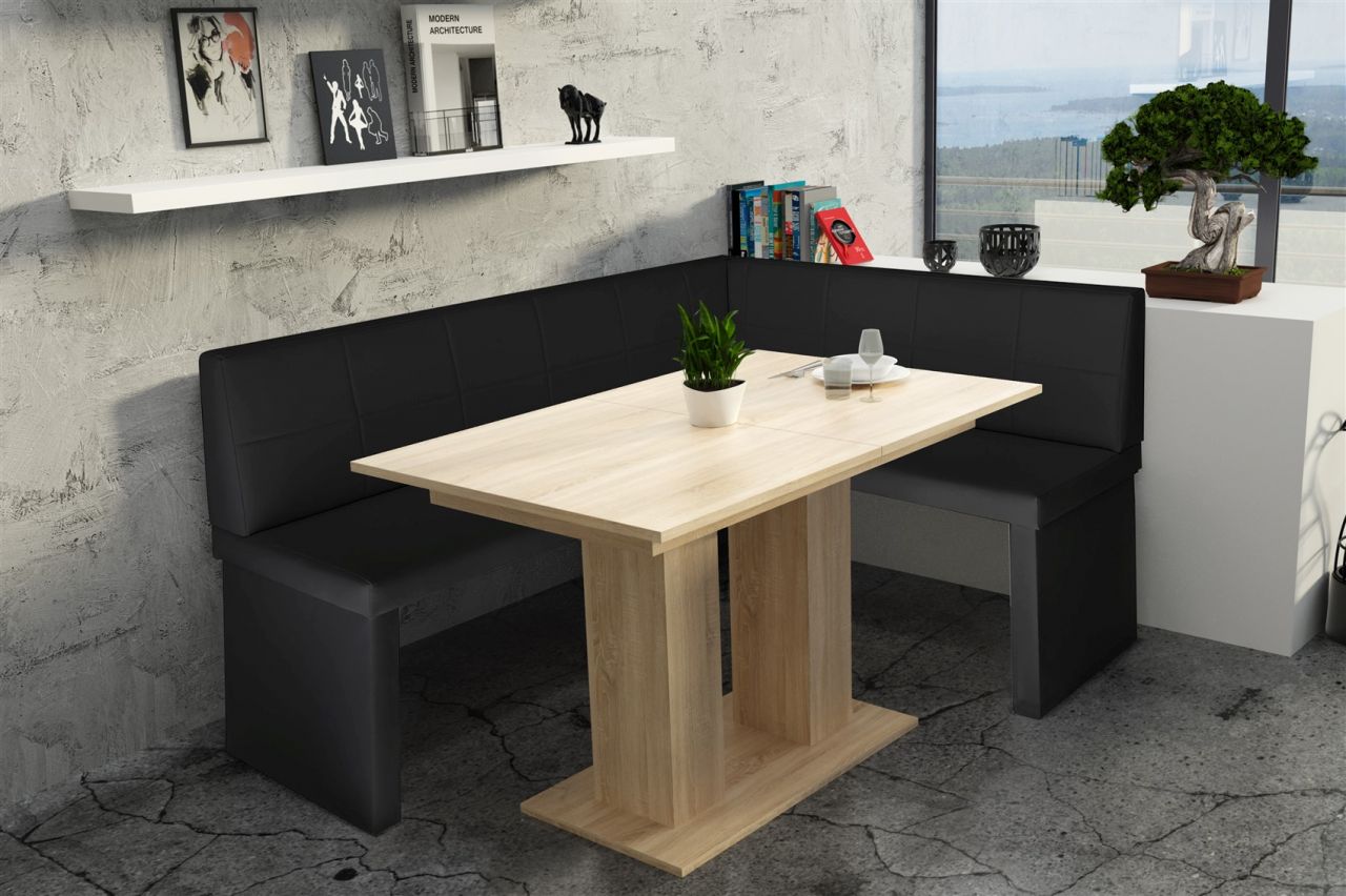Eckbankgruppe 168x128 cm ROBIN L Schwarz / Esstisch DANTE Sonoma