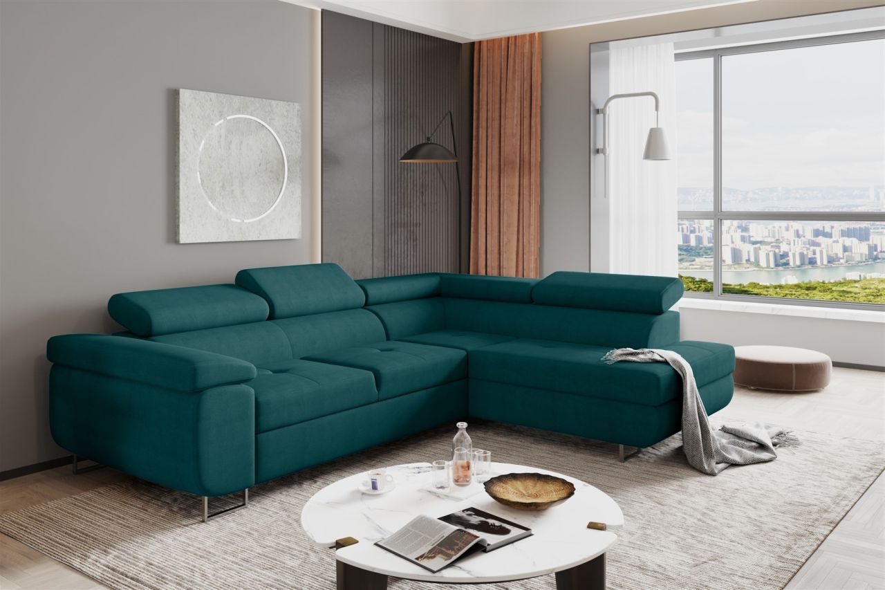 Couchgarnitur JADE Stoff Türkis mit Schlaffunktion Ottomane Rechts