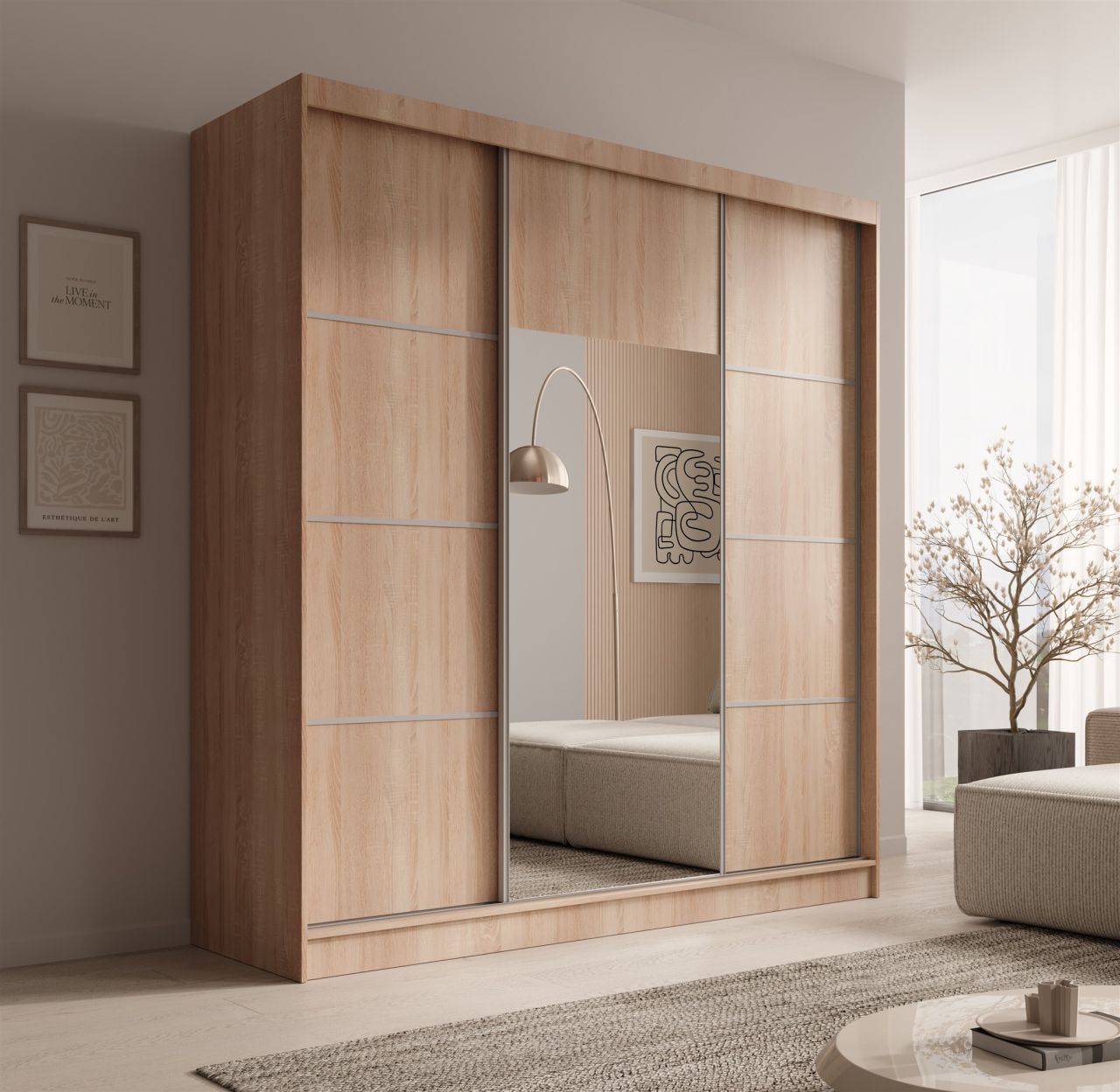 Schiebetürenschrank Schrank ALFA in Sonoma- Tür Applikation Silber 200x215x61 cm