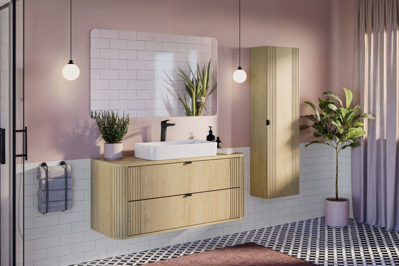 Badmöbel Set 3-tlg Badezimmerset WENDO Cremona Eiche Spiegel 120cm ohne Wasch...
