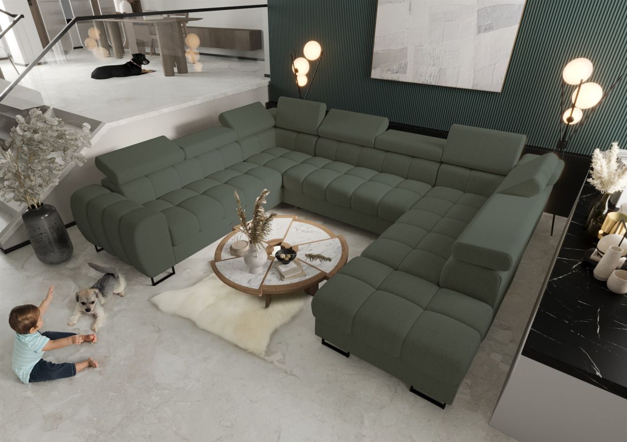 Wohnlandschaft Schlafsofa BASTIEN XL in Stoff Gemma Dunkelgrün Ottomane Rechts