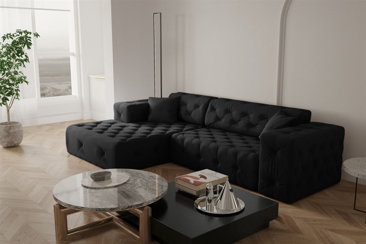 Ecksofa Designersofa CHANTAL in Stoff Opera Velvet Schwarz Ottomane Links