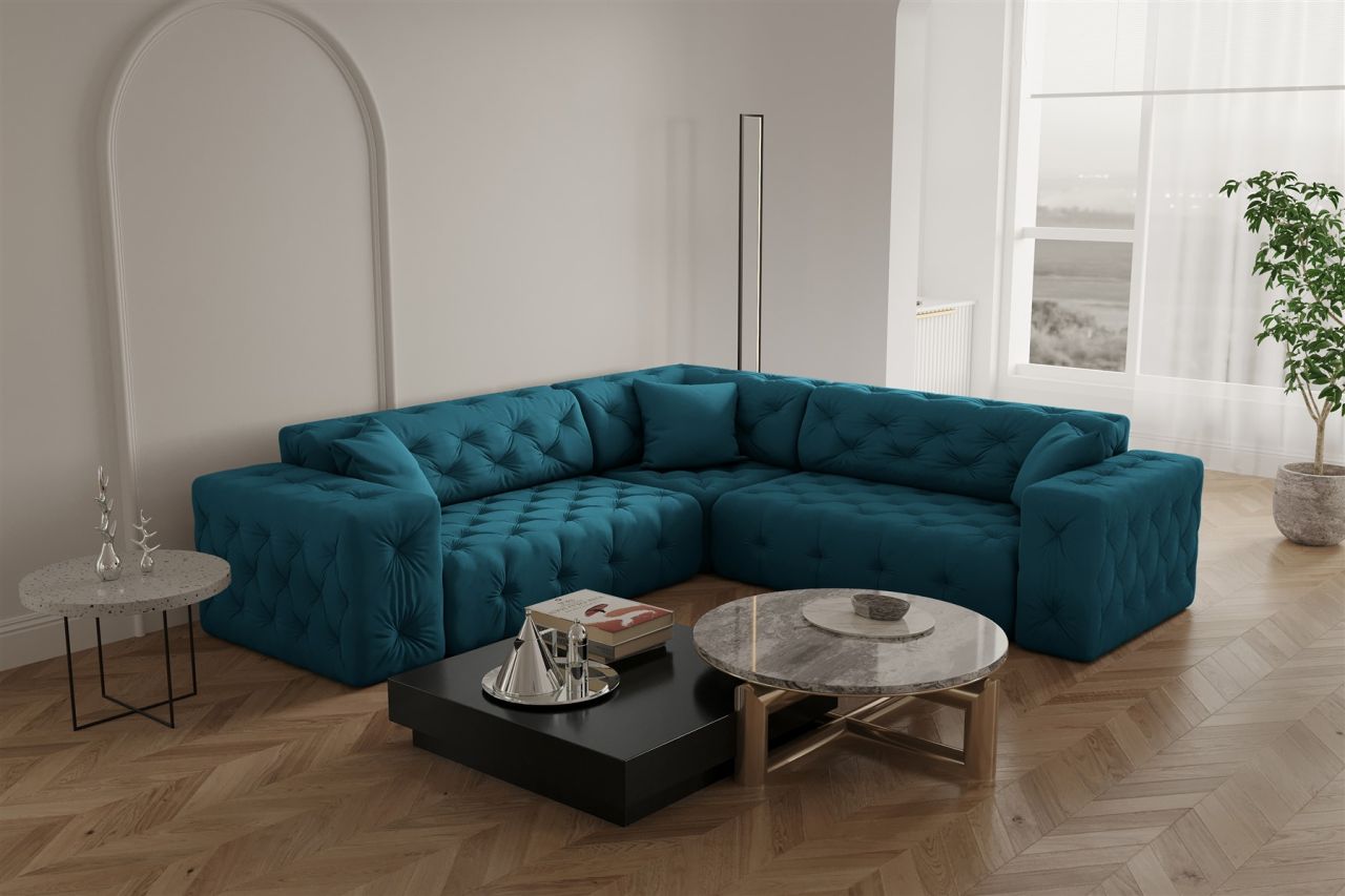 Ecksofa Designersofa CHANTAL in Stoff Opera Velvet Ozeanblau Seite Universal
