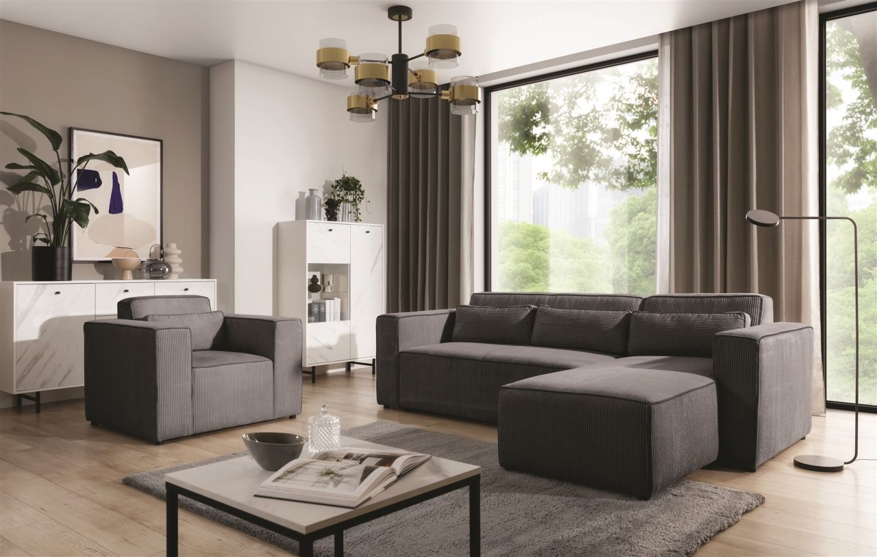 Ecksofa Schlafsofa inkl. Sessel WALDO Stoff Poso Anthrazit Ottomane Rechts