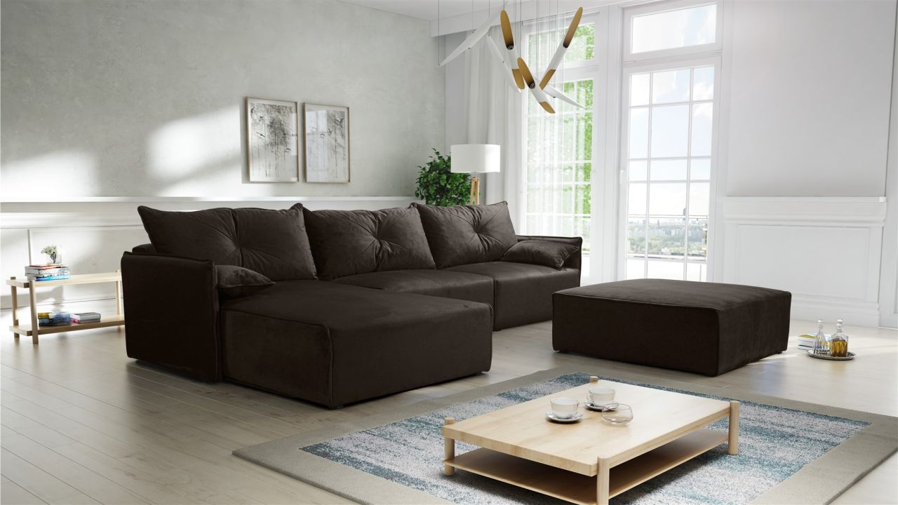 Ecksofa mit Schlaffunktion HUNTER in Royal Dunkelbraun Ottomane Links inkl. H...
